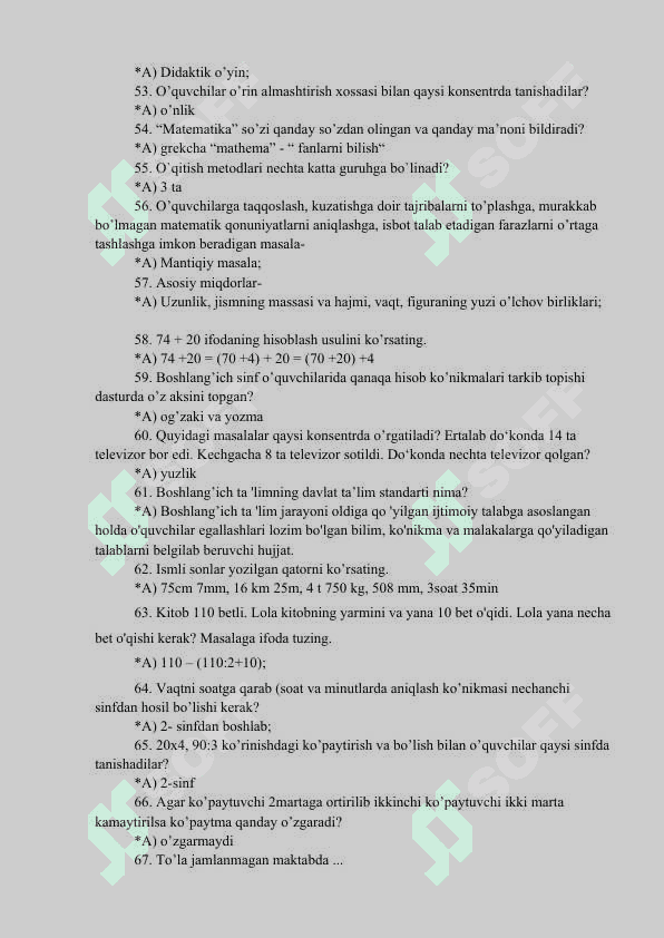 Matematika o'qitish metodikasidan 197 ta test savollari javoblari 5