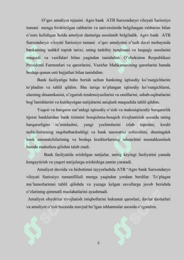 Agro bank amaliyot hisoboti  Sariosiyo  tumani 2