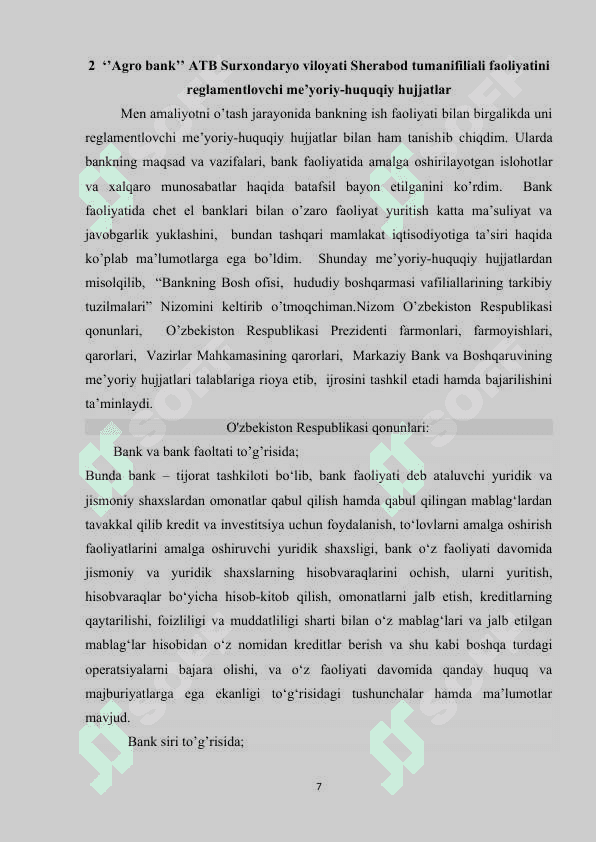 Agro bank amaliyot hisoboti  Sherabod  tumani 7