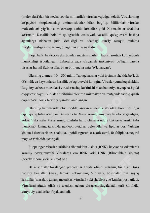 VIRUSLAR (VIROPHYTA) TUZILISHI, KO‘PAYISHI VA KLASSIFIKASIYASI 7