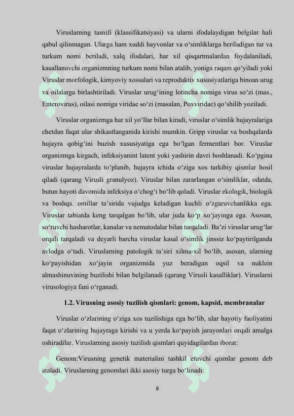 VIRUSLAR (VIROPHYTA) TUZILISHI, KO‘PAYISHI VA KLASSIFIKASIYASI 8