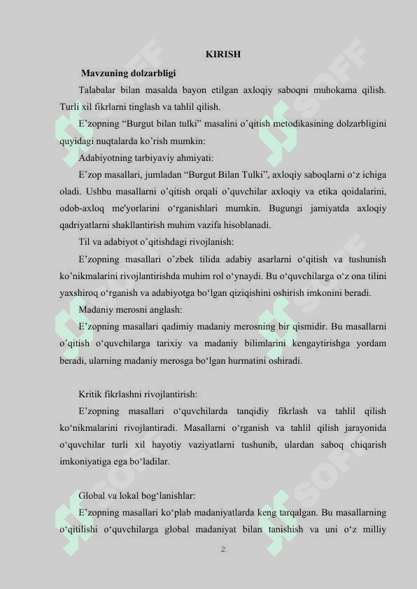 E’ZOPNING “BURGUT BILAN TULKI” MASALINI O’QITISH METODIKASI) 2
