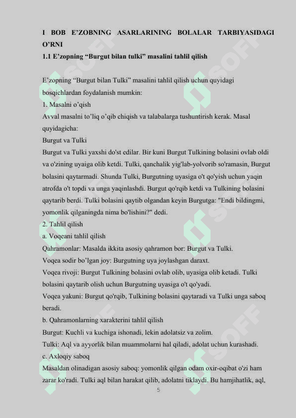 E’ZOPNING “BURGUT BILAN TULKI” MASALINI O’QITISH METODIKASI) 5