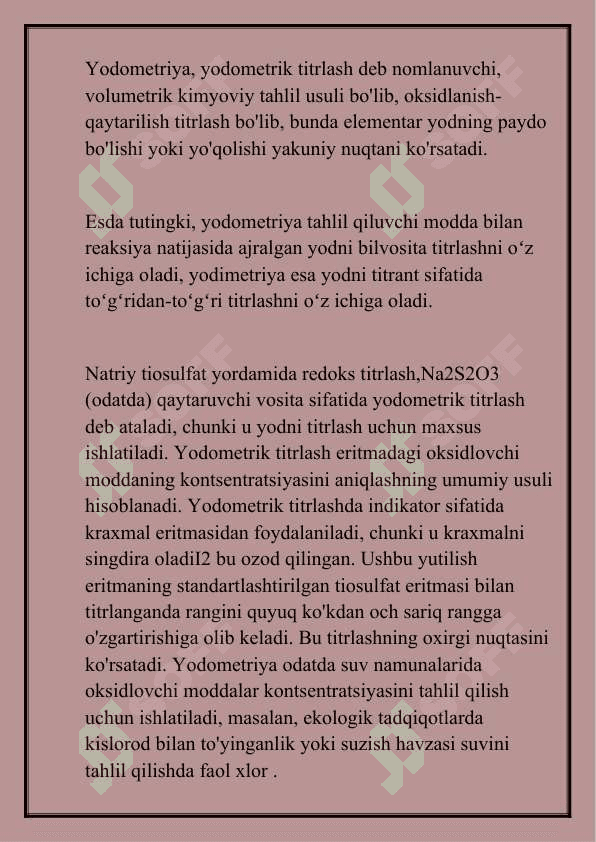 Yodimetrik titrlanish usulida qaytaruvchilar miqdorini aniqlash usullari 2