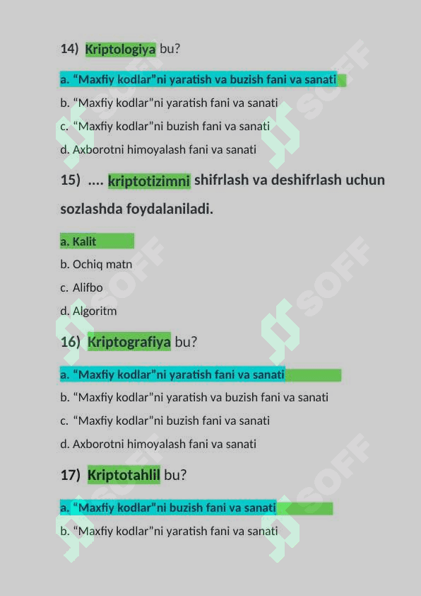 Kiber xavsizlikdan test javoblari 5