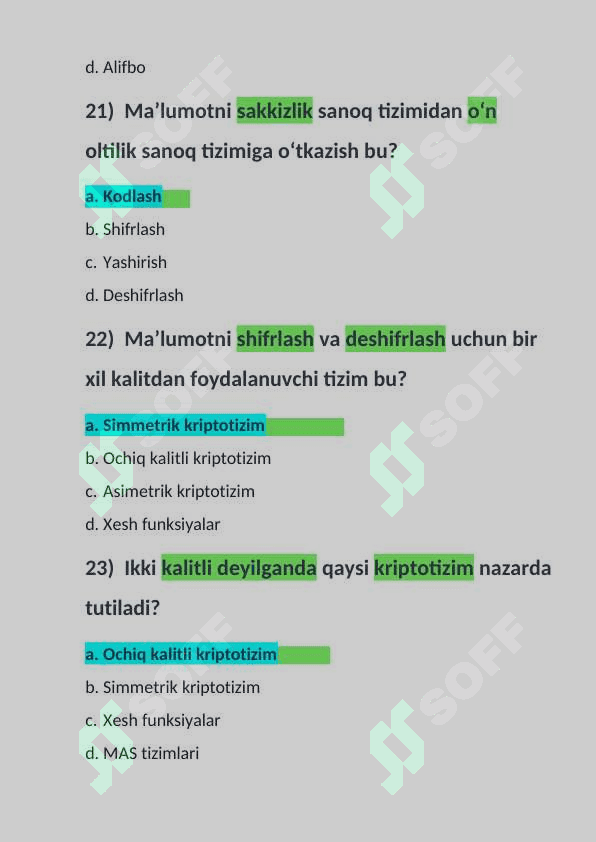 Kiber xavsizlikdan test javoblari 7