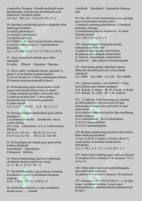 Kimyo fanidan 600 talik test 6