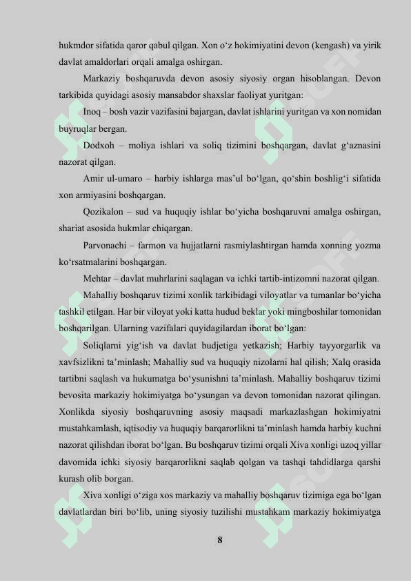 Xiva xonligida davlat boshqaruvi tizimi  va Kengash(Devon) faoliyati 8
