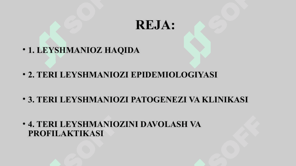 TERI LEYSHMANIOZI					EPIDEMIOLOGIYASI,PATOGENEZI,KLINIKASI,LABORATOR DIAGNOSTIKA,DAVOLASH VA PROFILAKTIKASI. 2