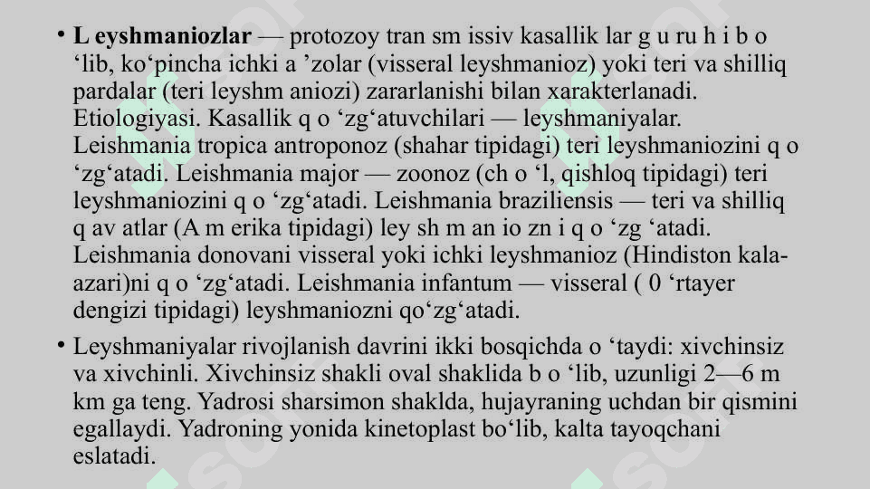 TERI LEYSHMANIOZI					EPIDEMIOLOGIYASI,PATOGENEZI,KLINIKASI,LABORATOR DIAGNOSTIKA,DAVOLASH VA PROFILAKTIKASI. 3