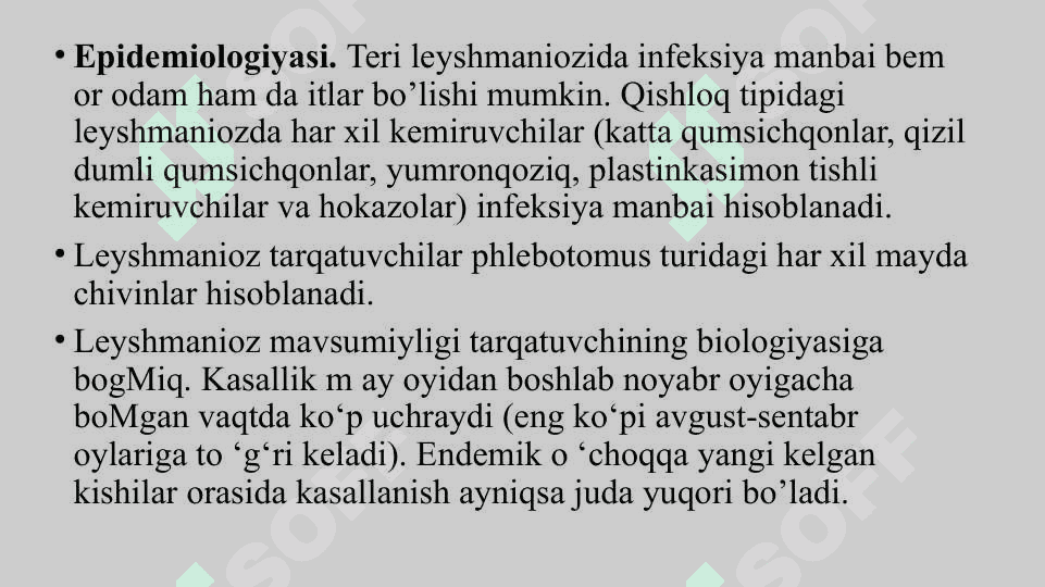 TERI LEYSHMANIOZI					EPIDEMIOLOGIYASI,PATOGENEZI,KLINIKASI,LABORATOR DIAGNOSTIKA,DAVOLASH VA PROFILAKTIKASI. 4