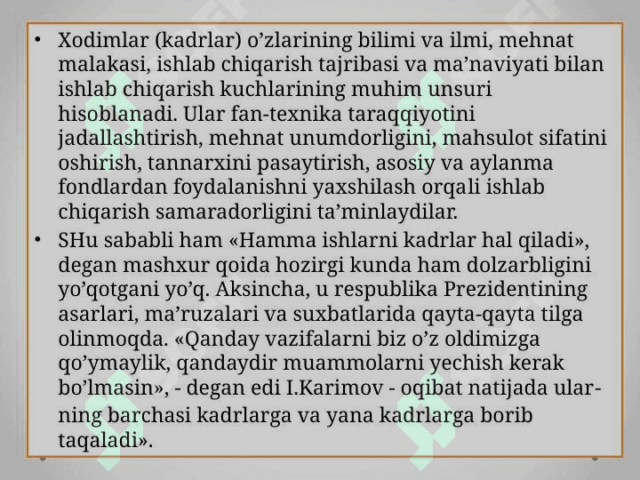SANOATDA KADRLAR VA MEHNATGA HAQ TO’LASH 4