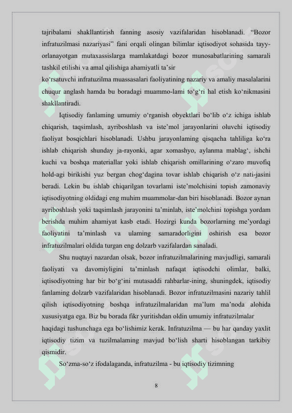 O`ZBEKISTON RESPUBLIKASI OLIY TA`LIM FAN VA INNOVATSIYALAR VAZIRLIGI BUXORO DAVLAT UNIVERSITETI IQTISODIYOT VA TURIZM FAKULTETI KAFEDRASI “MIKROIQTISODIYOT” FANIDA 8