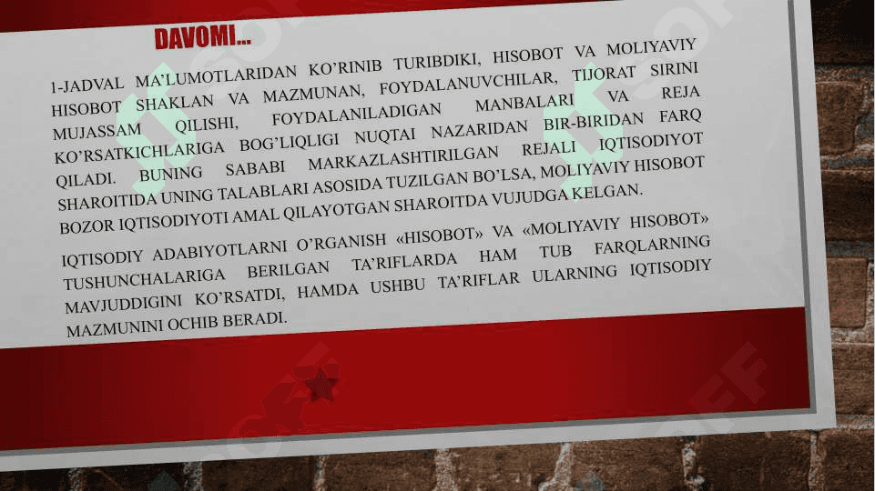 MOLIYAVIY NATIJALAR  TO‘G‘RISDAGI HISOBOT TAVSIFI VA KAMCHILIKLARI 8