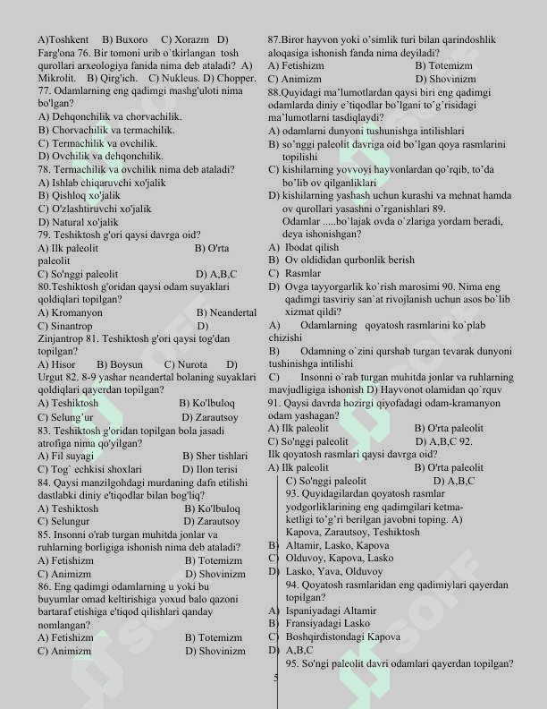 Qadimgi dunyo tarixidan mavzulashtirilgan testlar to'plami 1345 ta 5