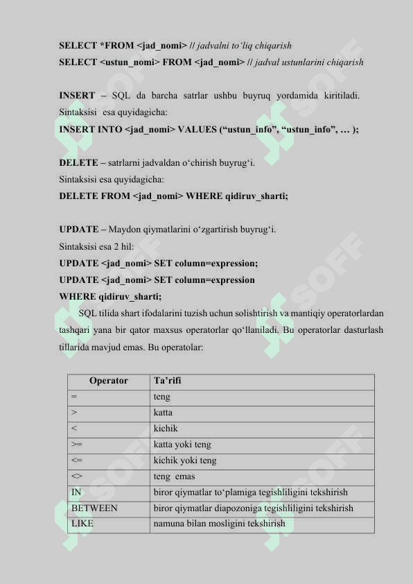 Ma'lumotlar bazasi SQL operatorlarining qoʻllanishi 3