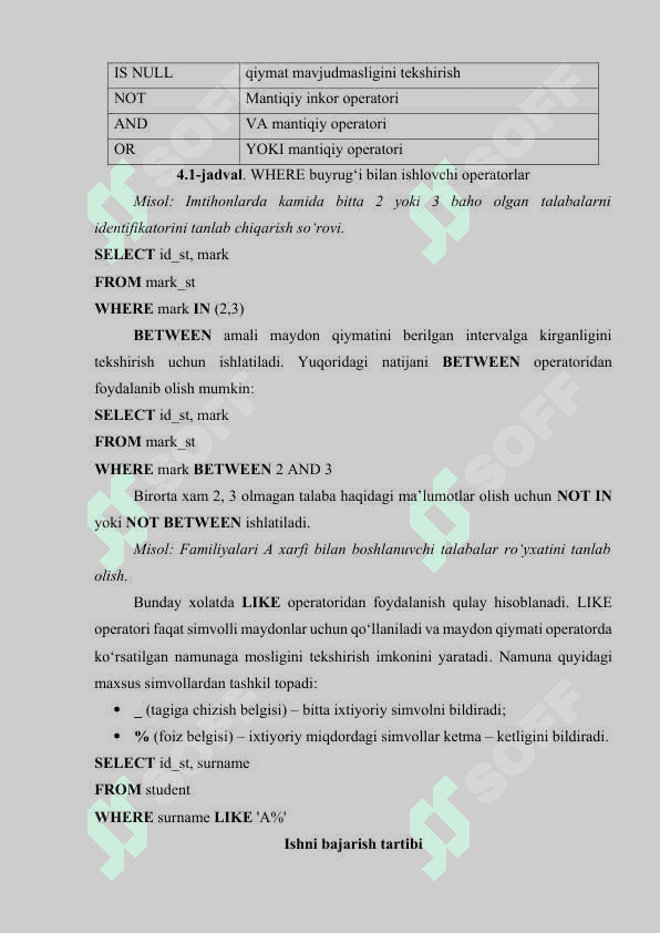 Ma'lumotlar bazasi SQL operatorlarining qoʻllanishi 4