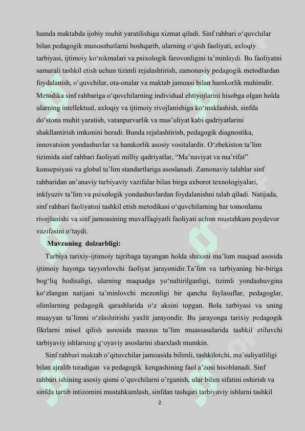 Mavzu: Sinf rahbari faoliyatini tashkil etish metodikasi. Kurs ishi 2