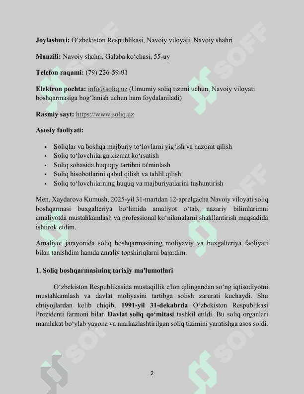 SOLIQ BOSHQARMASI BOʻYICHA AMALIYOT HISOBOTI. 2