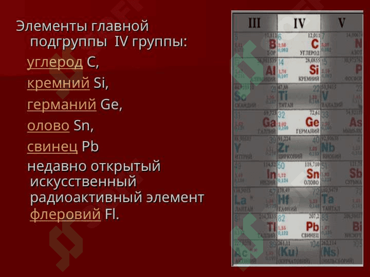 Химические элементы IV группы главной подгруппы 2
