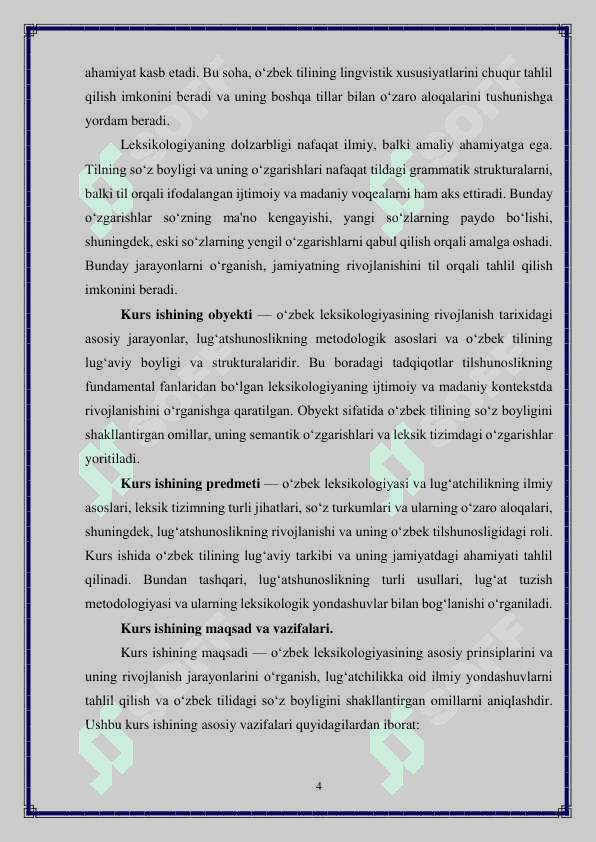 O‘zbek leksikologiyasi tarixi va rivojlanishi. Lug‘atchilik 4