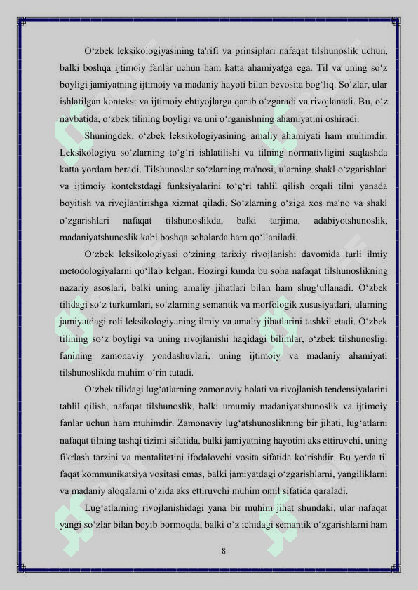 O‘zbek leksikologiyasi tarixi va rivojlanishi. Lug‘atchilik 8