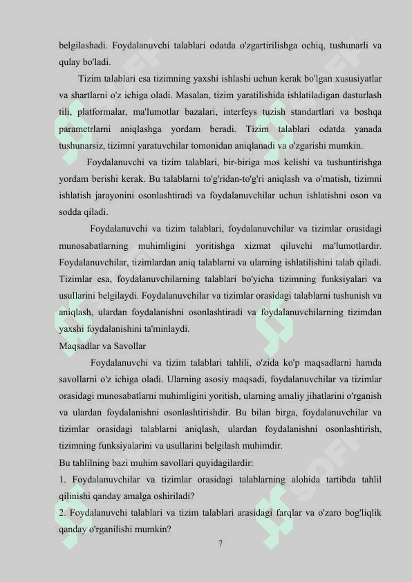 Foydalanuvchi va funksional talablar tahlili 7