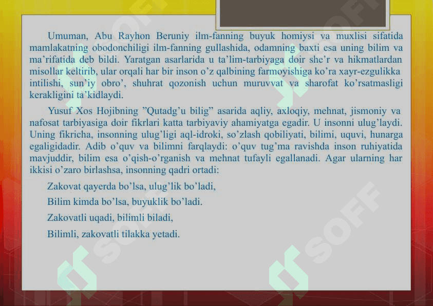 SHARQ ALLOMALARI ME'ROSINING FARZAND KAMOLOTIDA TUTGAN O'RNI 7