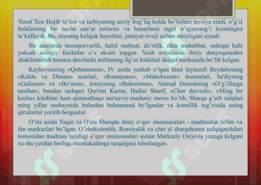 SHARQ ALLOMALARI ME'ROSINING FARZAND KAMOLOTIDA TUTGAN O'RNI 8