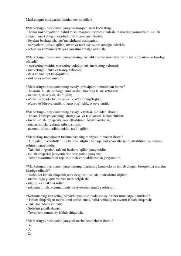 Marketingni boshqarish fanidan test savollari