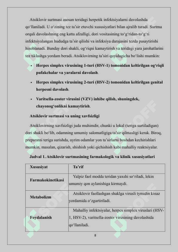 Atsiklovir surtmasini 10%, 10 g sifatini baholash, qadoqlash va o‘rash. 8