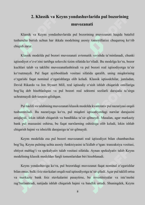 Klassik va Keyns modellarida pul bozoridagi muvozanat 8