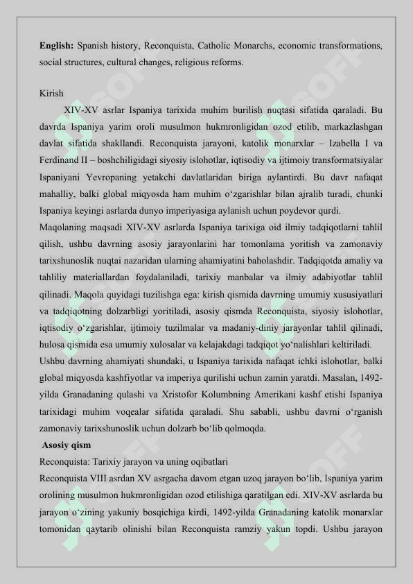 “XIV-XV asrlarda Ispaniya tarixiga oid ilmiy tadqiqotlar mavzusida maqola 25 2