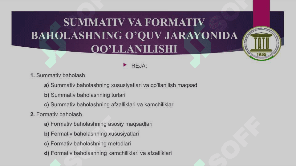 SUMMATIV VA FORMATIV BAHOLASHNING O’QUV JARAYONIDA QO’LLANILISHI 2