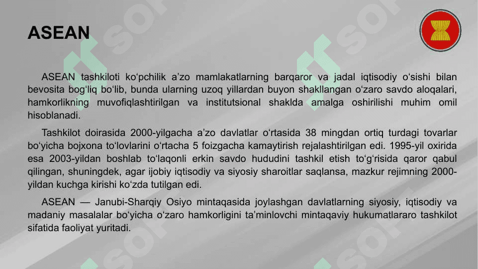 Osiyo hududiy integratsiyasining xususiyatlari (ASEAN, APEC va h.k.) 4
