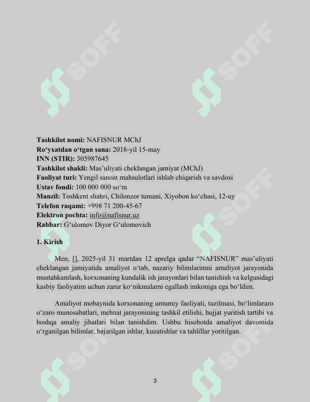Yengil sanoat mahsulotlari ishlab chiqarish va savdosi. "Nafisnur" mchj misolida . AMALIYOT HISOBOTI 3
