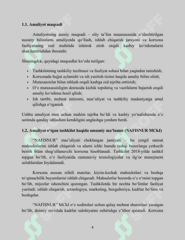 Yengil sanoat mahsulotlari ishlab chiqarish va savdosi. "Nafisnur" mchj misolida . AMALIYOT HISOBOTI 4