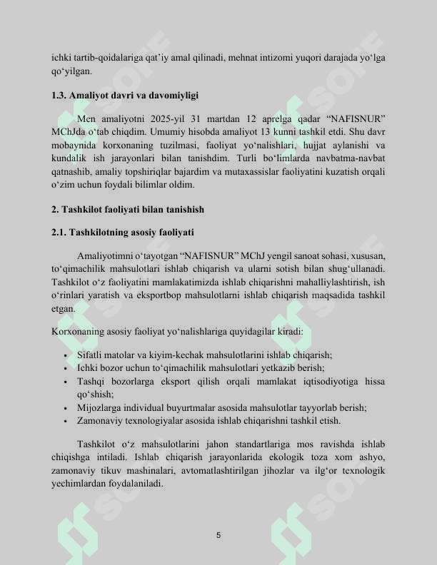 Yengil sanoat mahsulotlari ishlab chiqarish va savdosi. "Nafisnur" mchj misolida . AMALIYOT HISOBOTI 5