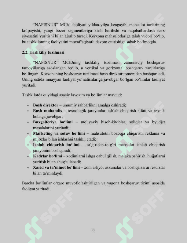 Yengil sanoat mahsulotlari ishlab chiqarish va savdosi. "Nafisnur" mchj misolida . AMALIYOT HISOBOTI 6