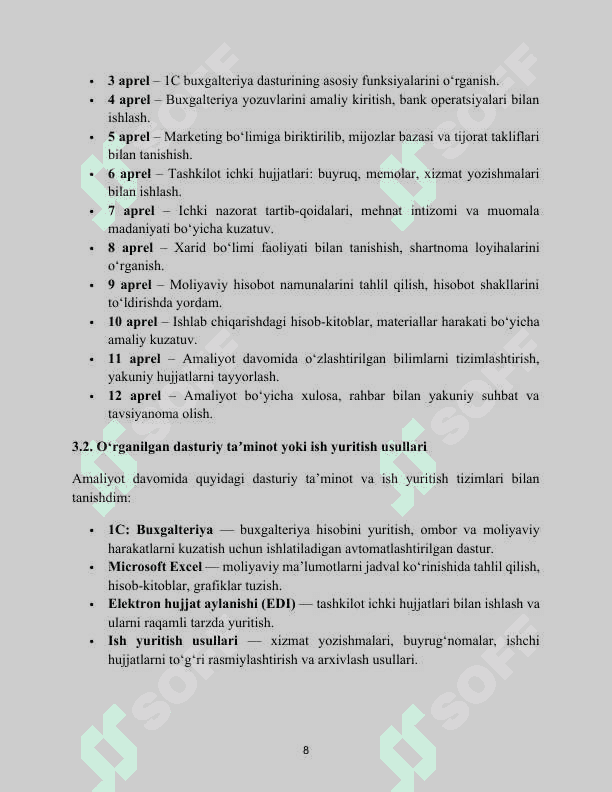 Yengil sanoat mahsulotlari ishlab chiqarish va savdosi. "Nafisnur" mchj misolida . AMALIYOT HISOBOTI 8