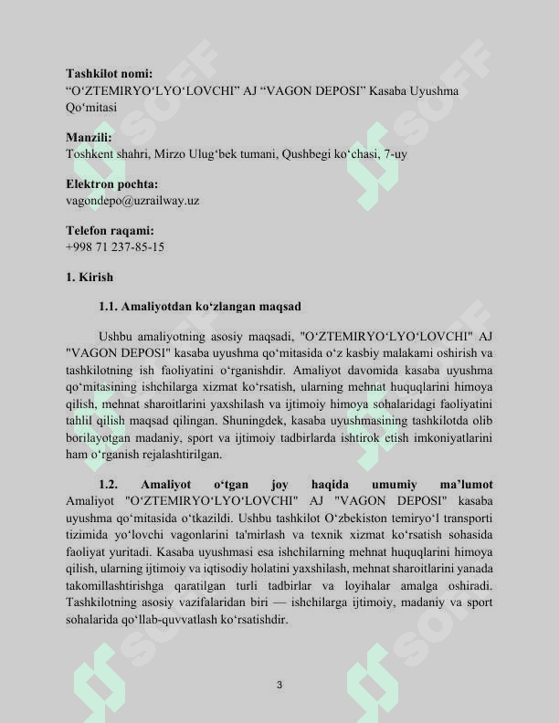 “OʻZTEMIRYOʻLYOʻLOVCHI” AJ “VAGON DEPOSI”. Amaliyot hisoboti 3