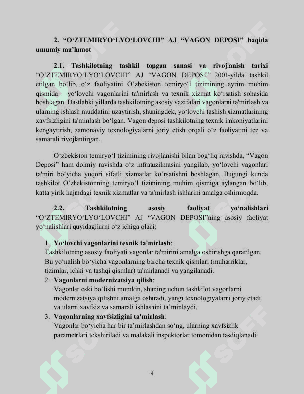 “OʻZTEMIRYOʻLYOʻLOVCHI” AJ “VAGON DEPOSI”. Amaliyot hisoboti 4