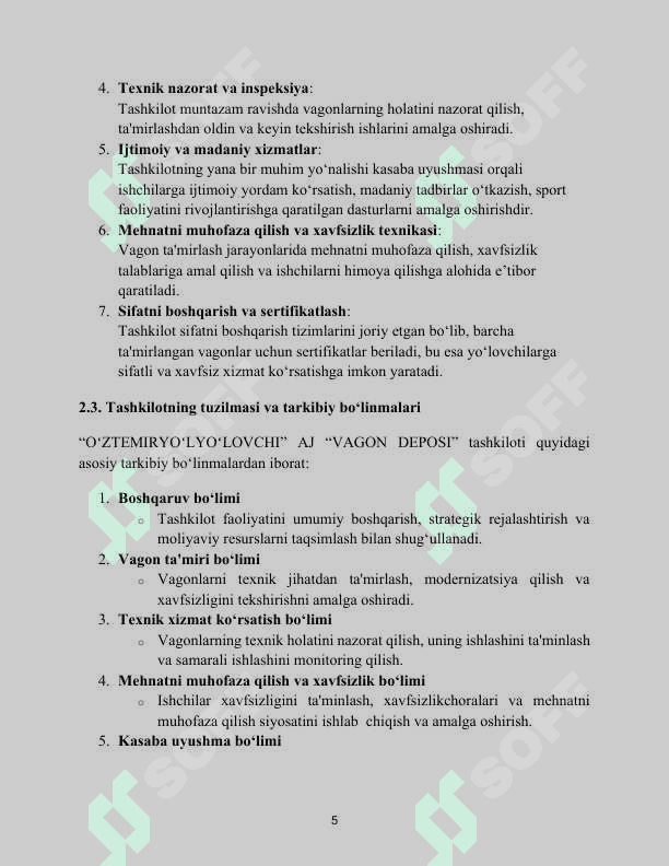 “OʻZTEMIRYOʻLYOʻLOVCHI” AJ “VAGON DEPOSI”. Amaliyot hisoboti 5