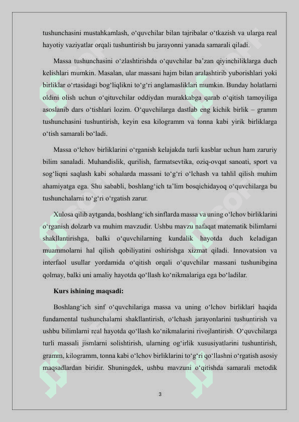 BOSHLANG'ICH SINFLARDA MASSA VA UNING O'LCHOV BIRKLIKLARNI O'RGANISH 3