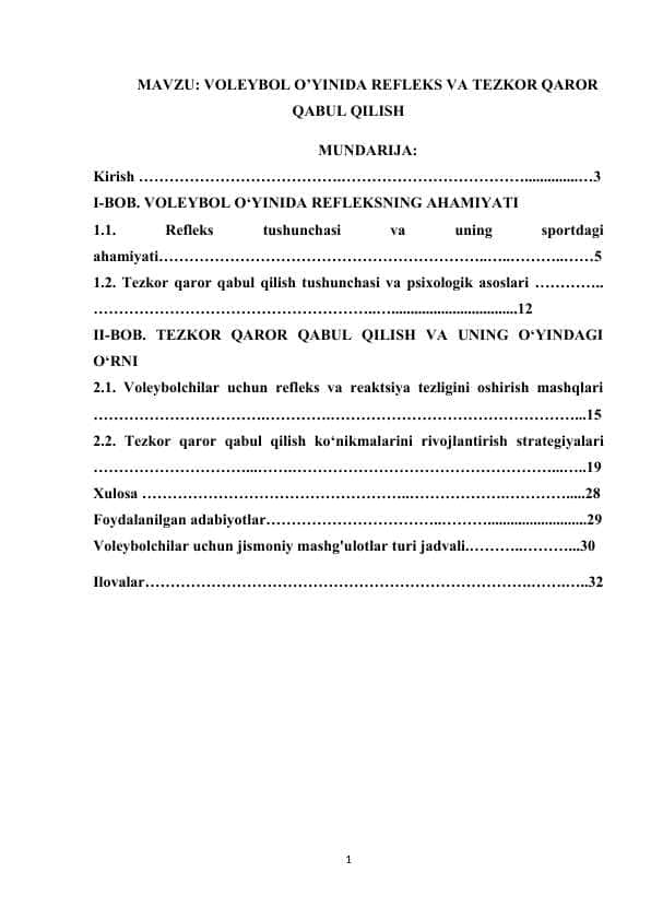 VOLEYBOL O’YINIDA REFLEKS VA TEZKOR QAROR QABUL QILISH
