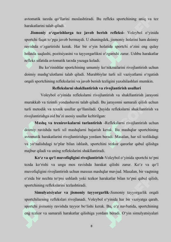 VOLEYBOL O’YINIDA REFLEKS VA TEZKOR QAROR QABUL QILISH 8