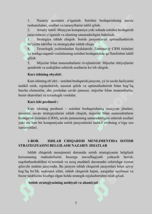 MAVZU: SOTISHNI BOSHQARISH. Kurs ishi 7