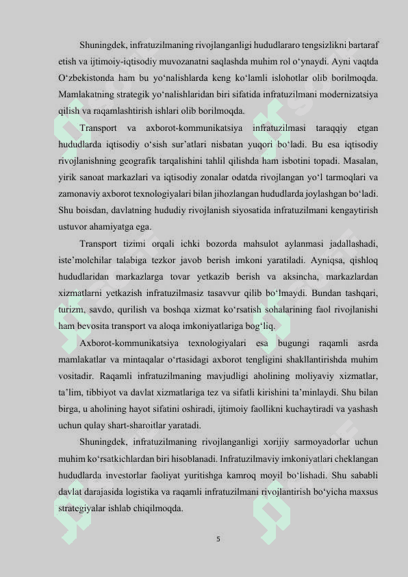 Transport, axborot kommunikatsiya infratuzilmasining mintaqaviy rivojlanish xususiyatlari 5