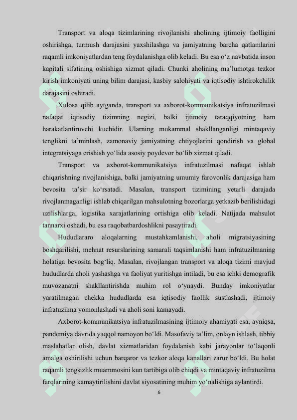 Transport, axborot kommunikatsiya infratuzilmasining mintaqaviy rivojlanish xususiyatlari 6