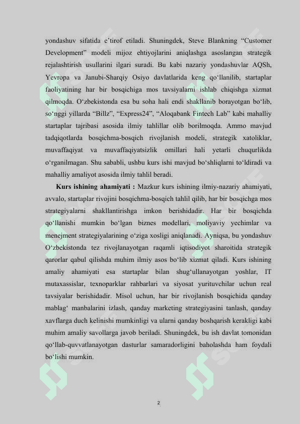 Startaplarni rivojlantirish bosqichlari kurs ishi 4